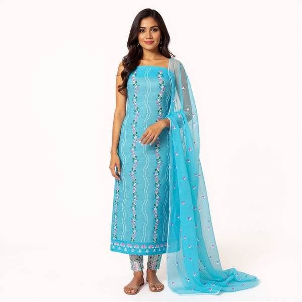Kota Doria Unstitched Light blue color with multi color 2pcs embroidered suit set