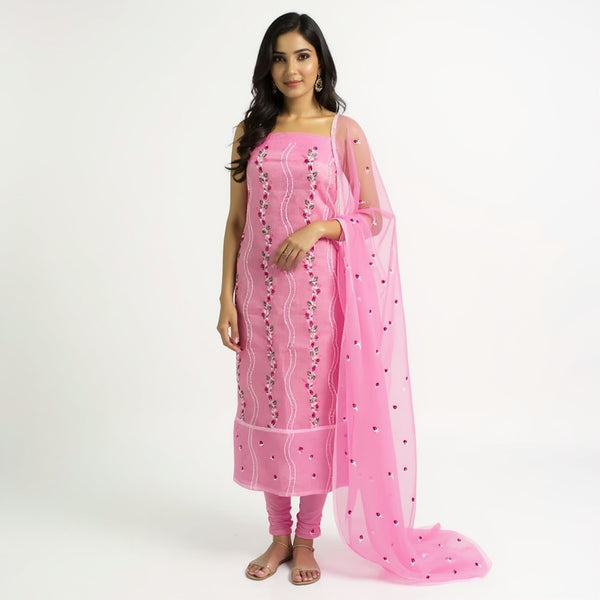 Baby pink suit with multi color Embroidered Kota doria suit