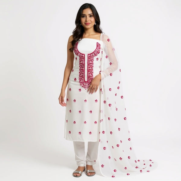White suit with maroon color Embroidered Kota doria suit