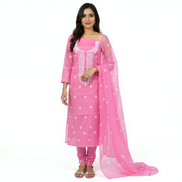 Baby pink suit with white color Embroidered Kota doria suit