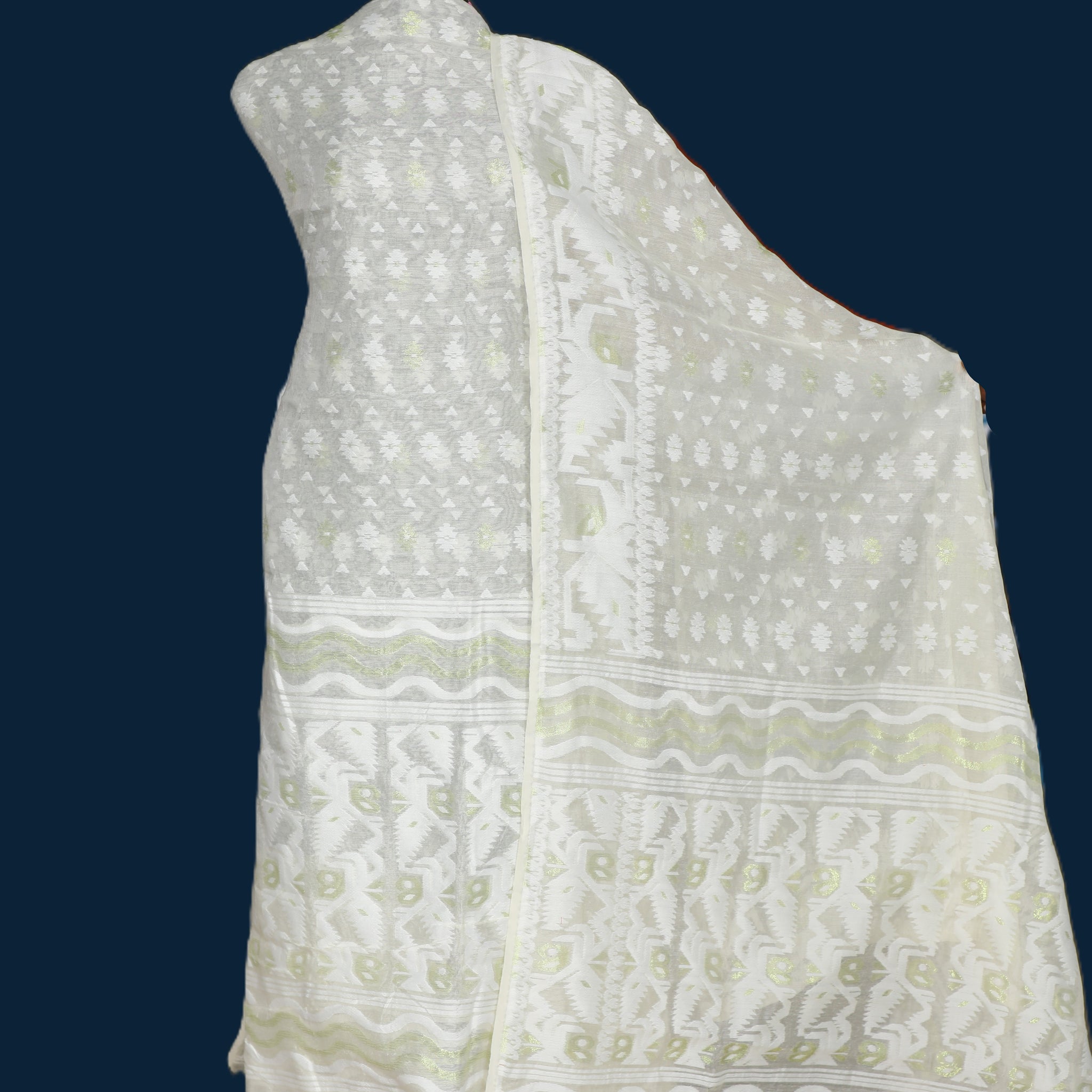 Exquisite White Cotton Jamdani Suit Set with Intricate Handwoven Patterns - Perfect for Any Occasion