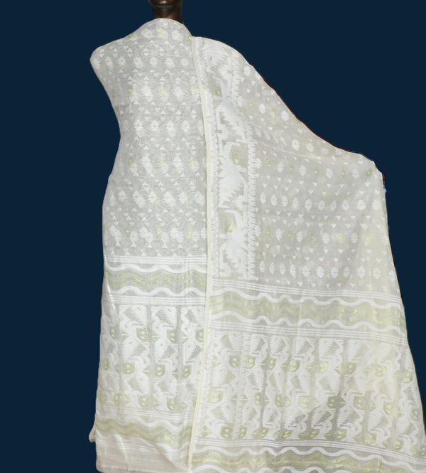 Exquisite White Cotton Jamdani Suit Set with Intricate Handwoven Patterns - Perfect for Any Occasion