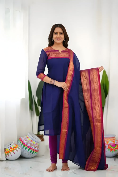 Elegant Royal Blue Cotton Suit Set for Women with Dupatta & Leggings | Traditional Indian Ethnic Wear