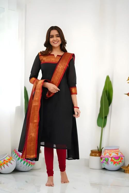 Elegant Black Cotton Suit Set with Dupatta & Leggings | Ethnic Wear | Daily & Festive Wear