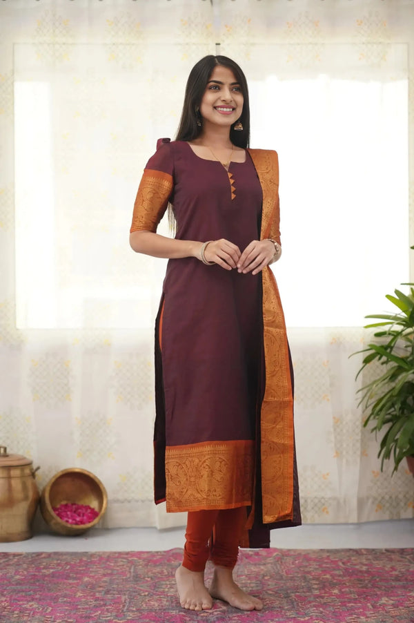 Elegant Maroon & Dark Mustard Cotton Kurta Dupatta Set