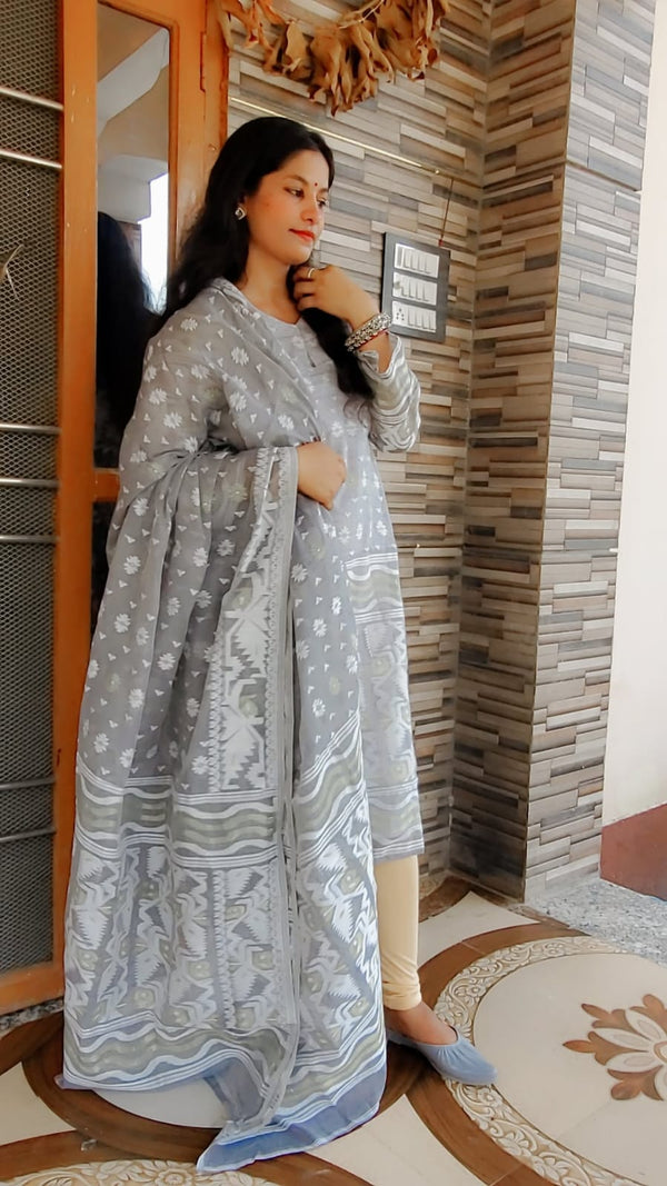 Grey Color Cotton Jamdani Suit Set