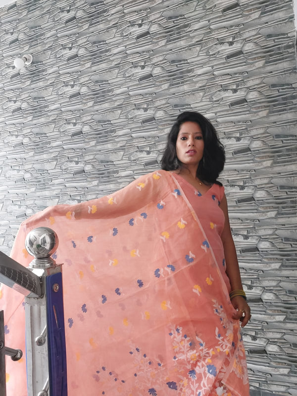 Peach Color Dhakai Jamdani 2pcs Suit Set - Exquisite Handwoven Cotton Jamdani Suit Material with Intricate Patterns and Matching Dupatta - Perfect for All Occasions