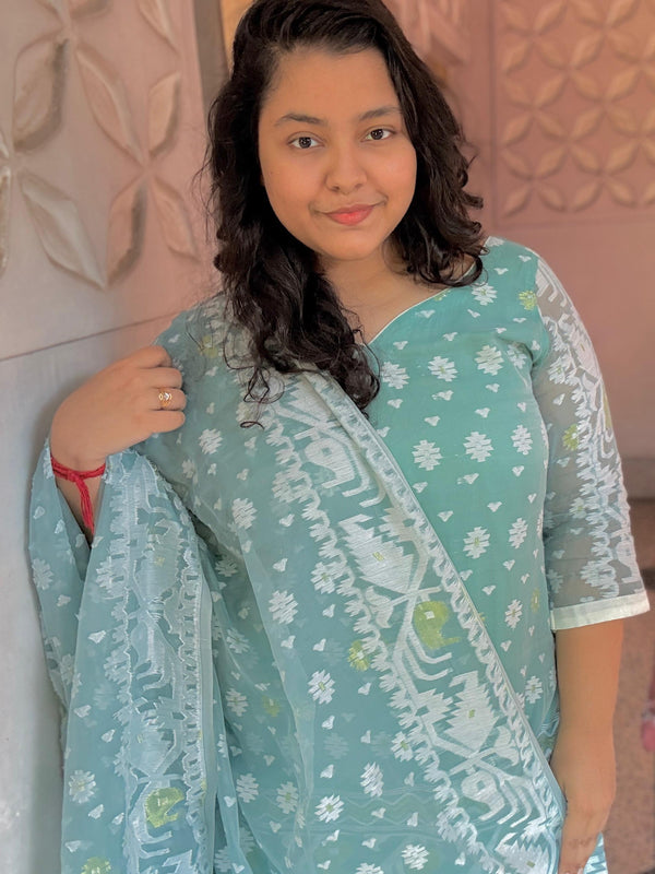 Stunning Light Blue Cotton Jamdani Suit Set with Handwoven Intricate Patterns and Matching Dupatta