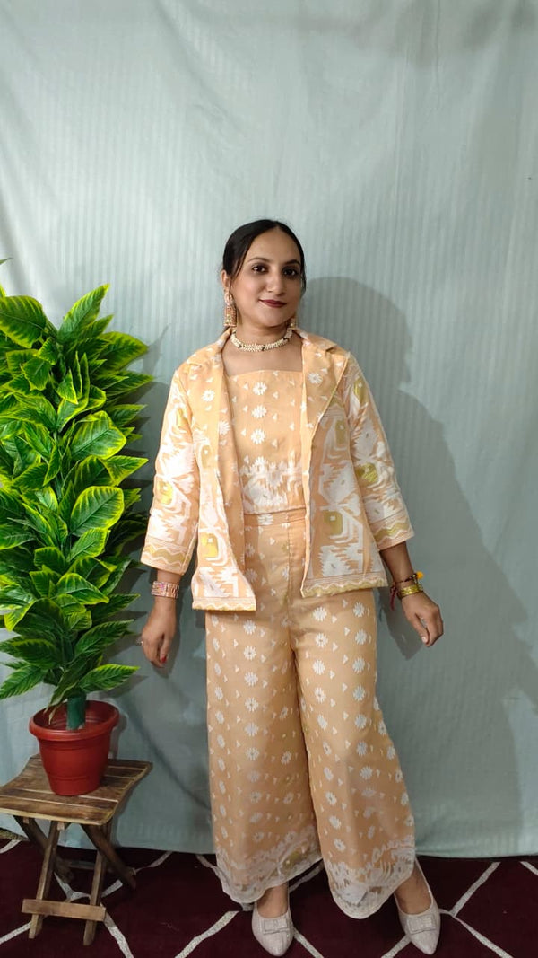 Stunning Peach Cotton Jamdani Suit Set with Handwoven Intricate Patterns and Matching Dupatta