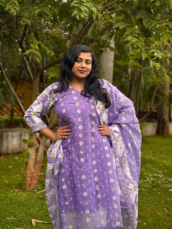 Cotton Jamdani unstitched 2pcs Dark Blue Color Suit Set