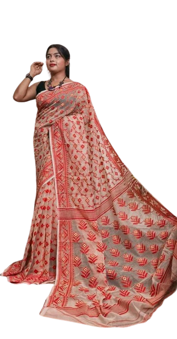 Pure Cotton Peach Color Jamdani work all over Saree