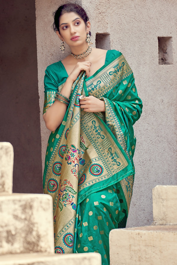 Rama Green Embellished Patola Silk Blend Saree | Zari Woven Design with Unstitched Blouse Piece