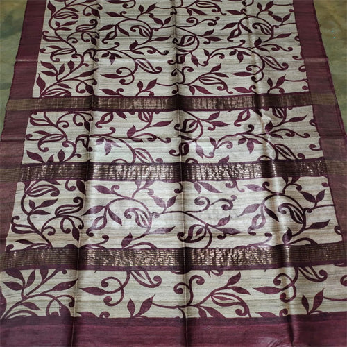 Cream body with coffee border tusar ghicha saree - Sarikart Online