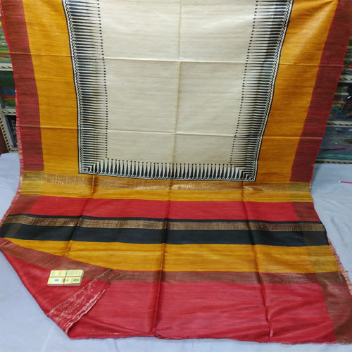 Cream body with red & mustard border tusar ghicha saree - Sarikart Online