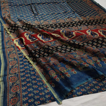 Royal blue base with multi color Ajrakh print Chanderi cotton silk saree