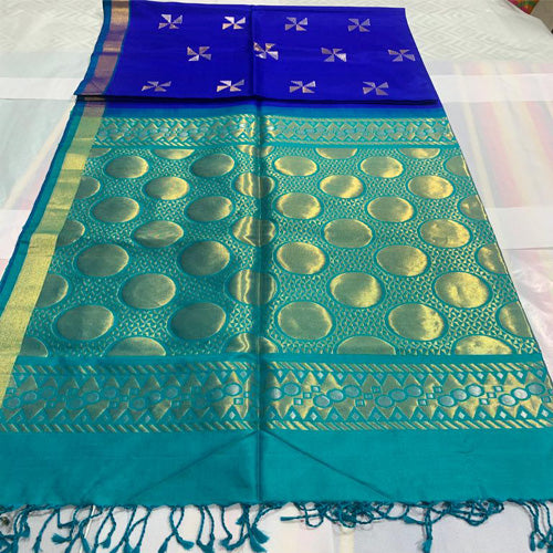 Soft Silk Saree  Royal Blue with Green & Golden Pallu - Sarikart Online