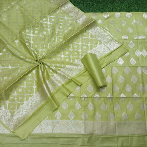 Pista green color unstitched  banarasi cotton 3 pcs suit - Sarikart Online