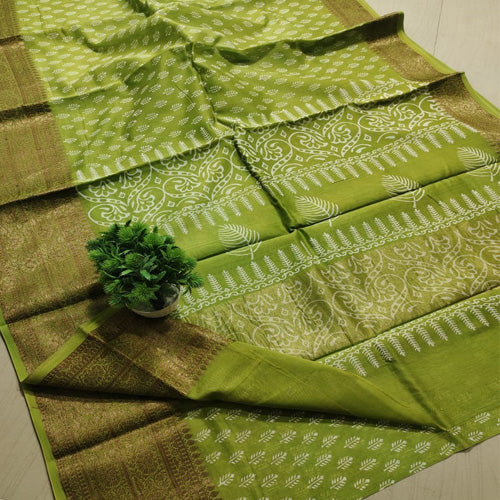 Light green color Chanderi nakshi border dabu printed saree