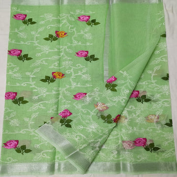 Pista green colour Kota doria embroidery saree