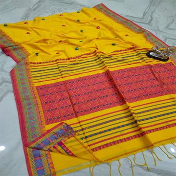 Yellow color khadi cotton jamdani saree with bp