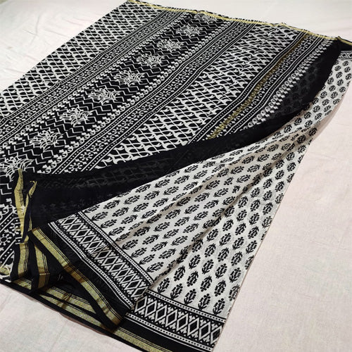 Black6 & white print Chanderi cotton silk saree with hand block print