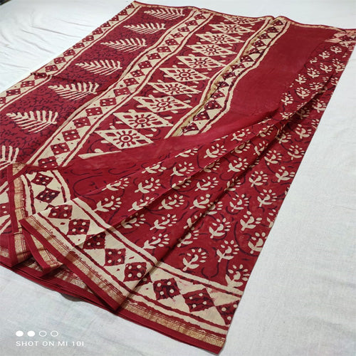 Red7 double dabu print Chanderi cotton silk saree with hand block print
