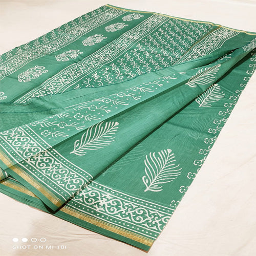 Teal green dabu print Chanderi cotton silk saree with hand block print