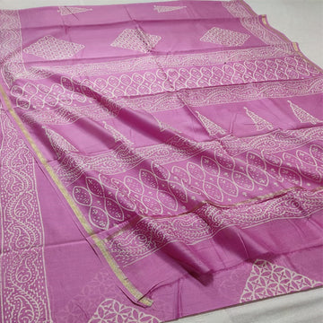 Light purple color1 dabu print Chanderi cotton silk saree with hand block print