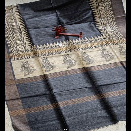 Black body with brown border tusar ghicha saree - Sarikart Online