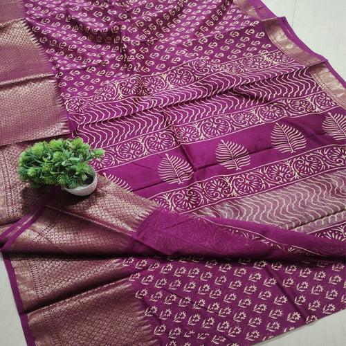 Purple color Chanderi nakshi border dabu printed saree