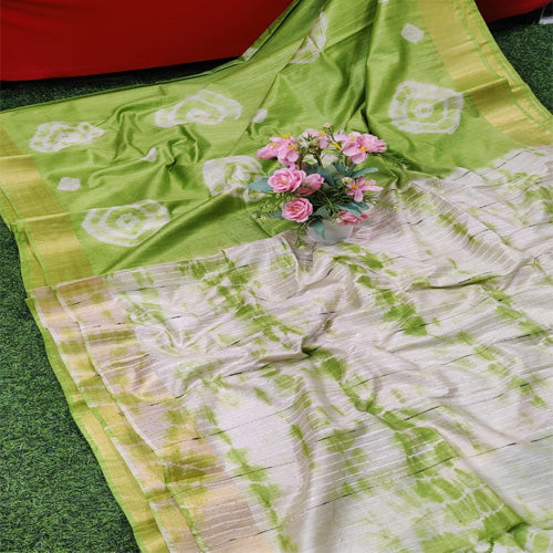 Pista green & white color Khadi Tradition bandhani shibori saree with bp