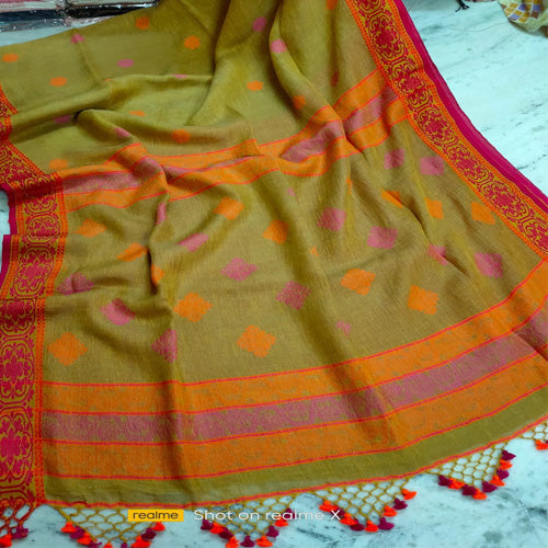 Mehandi color linen Jamdani