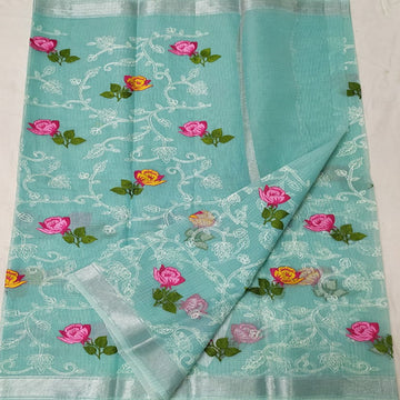 Light blue colour Kota doria embroidery saree