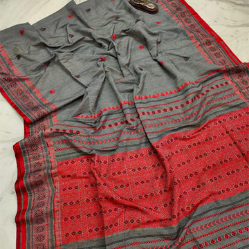 Greyn colour khadii cotton jamdani saree with bp