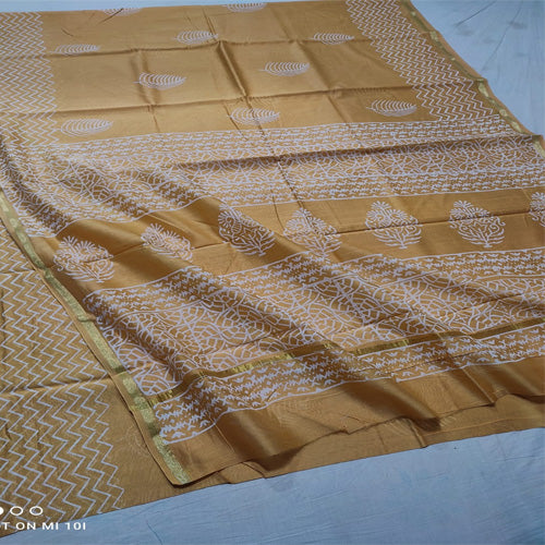 Mustard color dabu print Chanderi cotton silk saree with hand block print