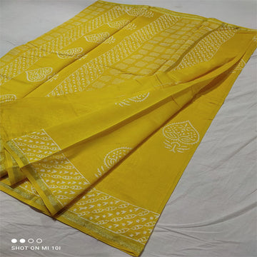 Yellow color2 dabu print Chanderi cotton silk saree with hand block print