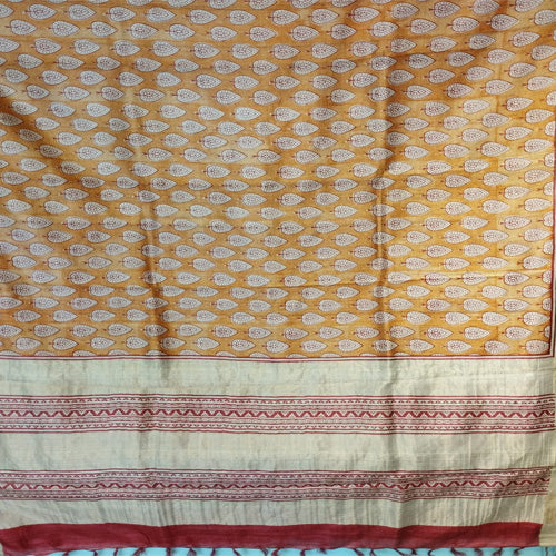 Mustard body with hand block print Kosa silk saree - Sarikart Online