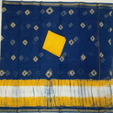 Royal Blue full bodied Cotton Kota Doria saree with yellow  & white Line Border with running blouse