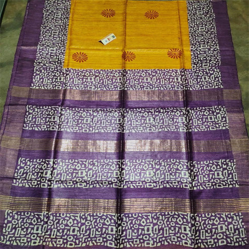 Mustard body with purple border tusar ghicha saree - Sarikart Online