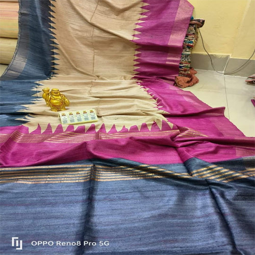 Cream body with blue & magenta border tusar ghicha saree - Sarikart Online