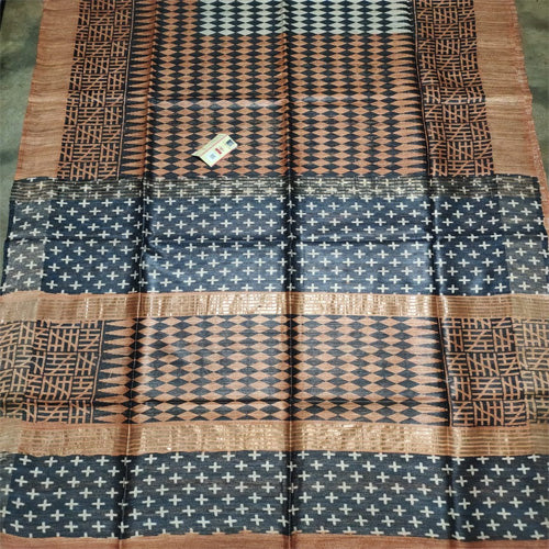 Peach body with peach & blue border tusar ghicha saree - Sarikart Online