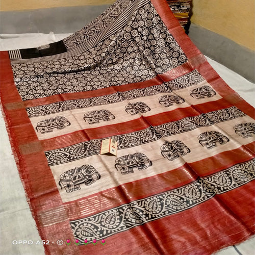 Black body with maroon border tusar ghicha saree - Sarikart Online