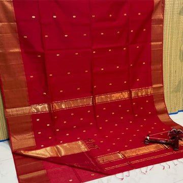 Red color saree with flower buti work with golden zarii border