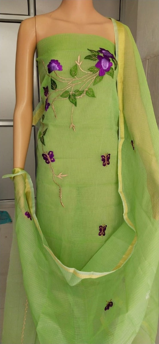 Pista Green Embroidered Kota doria suit