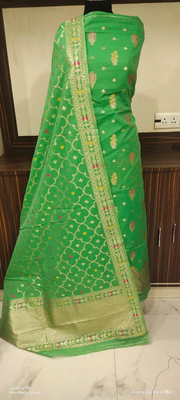 Parrot green base color unstiched mulberry benarasi cotton 3 pcs suit