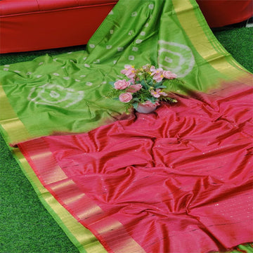 Parrot green & pink color Khadi Tradition bandhani shibori saree with bp