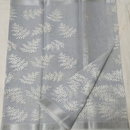 Grey colour Kota doria embroidery saree