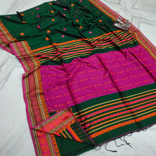 Bottle green colour khadi cotton jamdani saree with bp