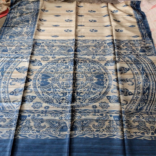 Cream color saree with blue color madhubani painted border & pallu pure Tassar saree - Sarikart Online