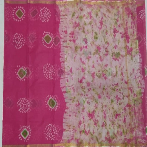 Cotton Kota Doria Print Pink with multi color Zari Line Border - Sarikart Online